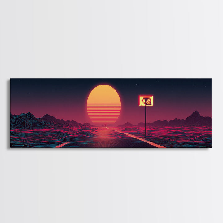 Lonely Neon Desert Highway With Retro Sun Canvas Print, Vaporwave Wall Art, Futuristic Decor, Gamer Room Poster Gift For Him