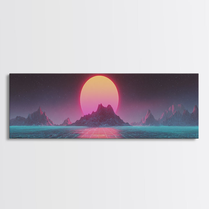 Alien Mountain Grid Sunset Wall Art, Retro Futuristic Synthwave Landscape, Vaporwave Home Decor, Large Horizontal Art Print