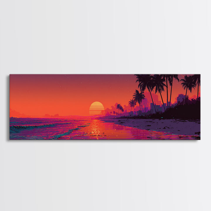 Retro Neon Tropical Beach Sunset Wall Art, Synthwave Coastal Decor, Palm Tree Ocean Print, Vibrant Summer Canvas Gift Idea