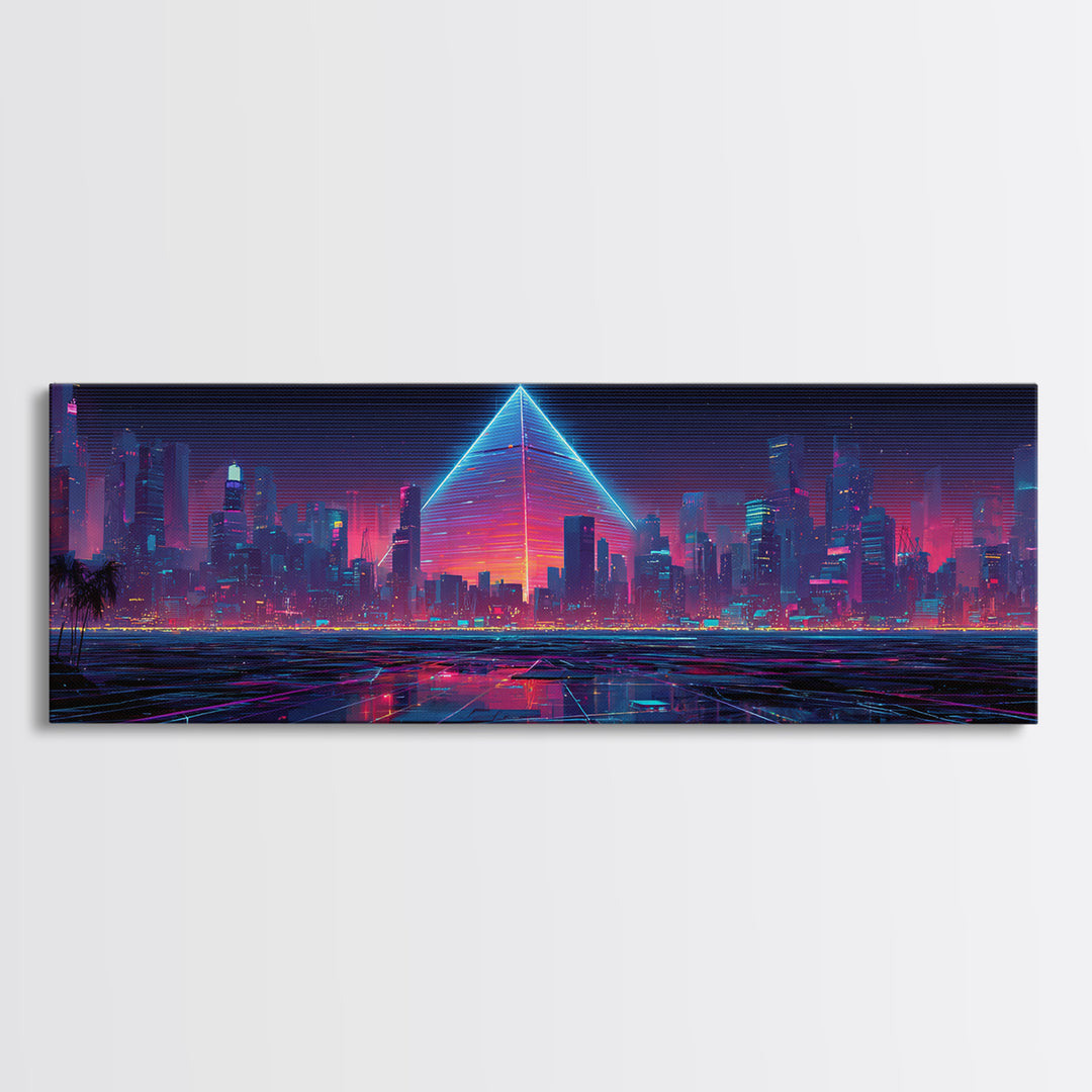 Cyberpunk Neon City With Glowing Pyramid, Futuristic Wall Art, Synthwave Canvas Print, Gaming Room Decor, Modern Office Art