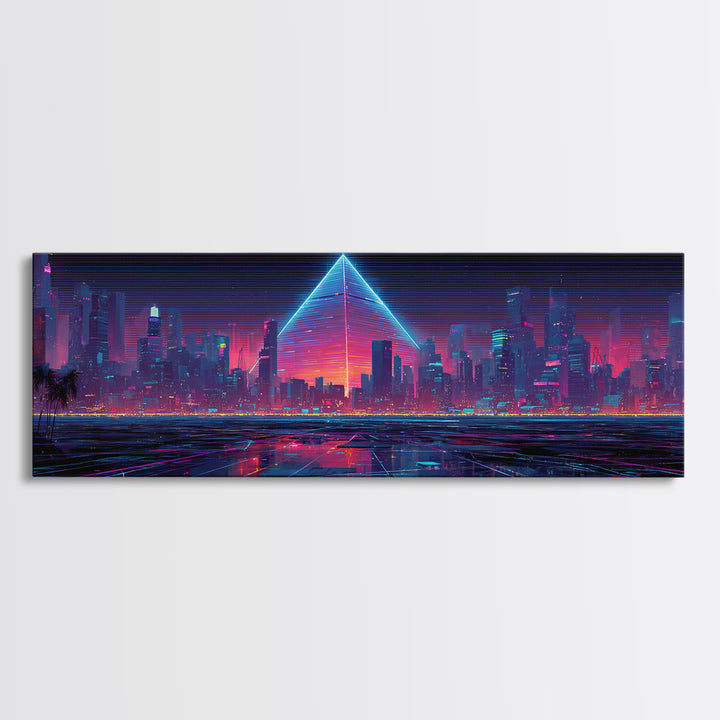 Cyberpunk Neon City With Glowing Pyramid, Futuristic Wall Art, Synthwave Canvas Print, Gaming Room Decor, Modern Office Art