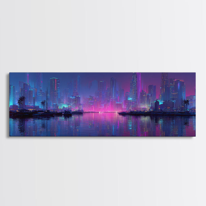 Neon Cyberpunk Skyline Canvas Print, Futuristic Cityscape Wall Art, Vaporwave Office Decor, Large Modern Urban Night Art