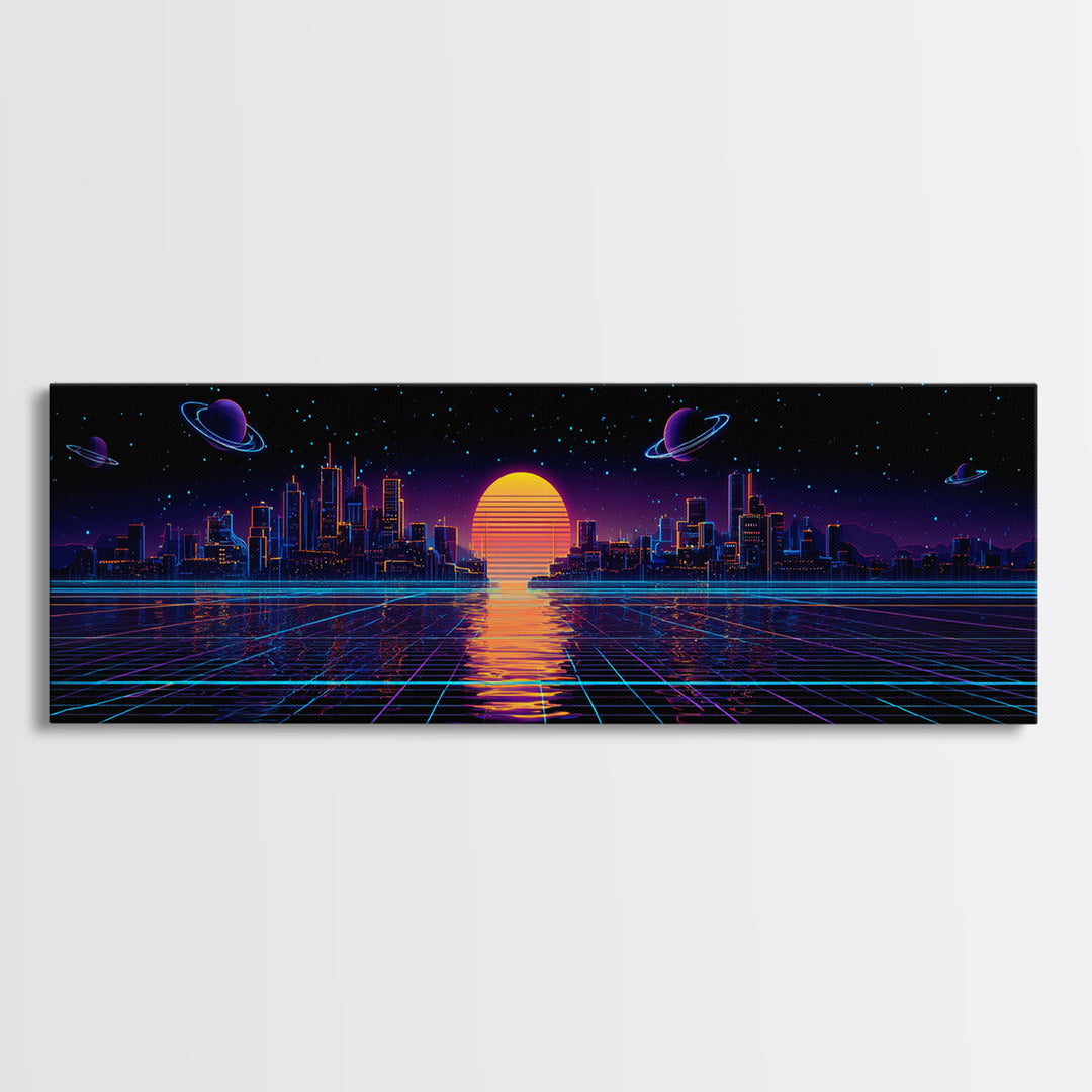 Synthwave City Skyline Over Neon Grid Canvas Print, Retro Futuristic Wall Art, Cyberpunk Decor, Vaporwave Poster Gift For Him