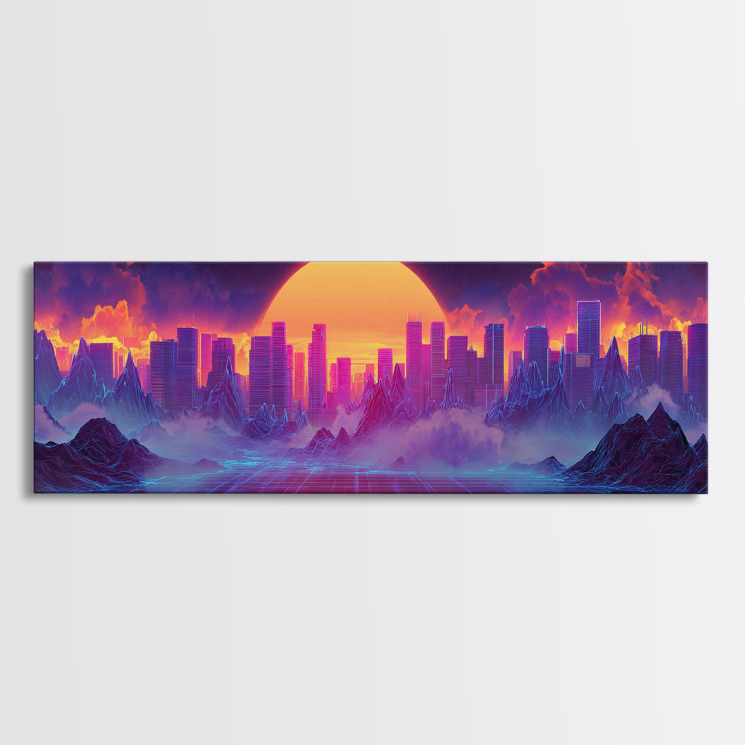 Synthwave City Sunset Skyline Canvas Print, Retro Futuristic Wall Art, Neon Mountain Decor, Vaporwave Living Room Art, Home Decor