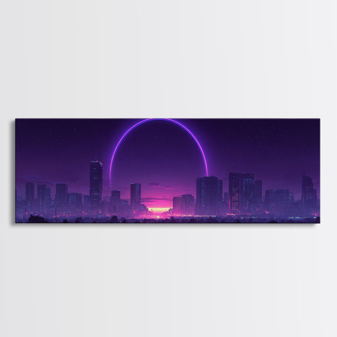 Neon City Skyline With Purple Eclipse Canvas Print, Cyberpunk Wall Art, Futuristic Urban Decor, Gaming Room Statement Art
