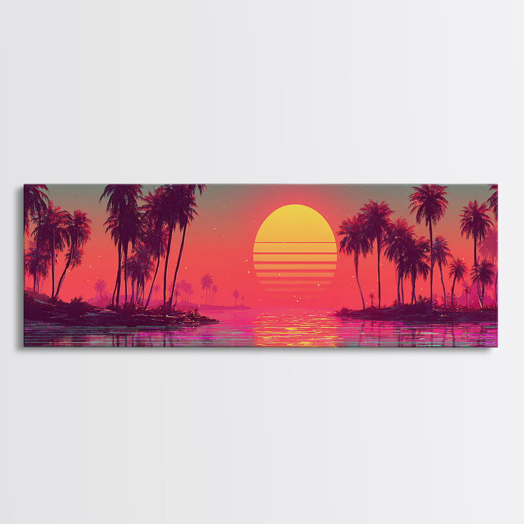 Pastel Tropical Lagoon Sunset With Palms, Vaporwave Canvas Print, Coastal Wall Art, Beach House Decor, Pink Room Decor Print