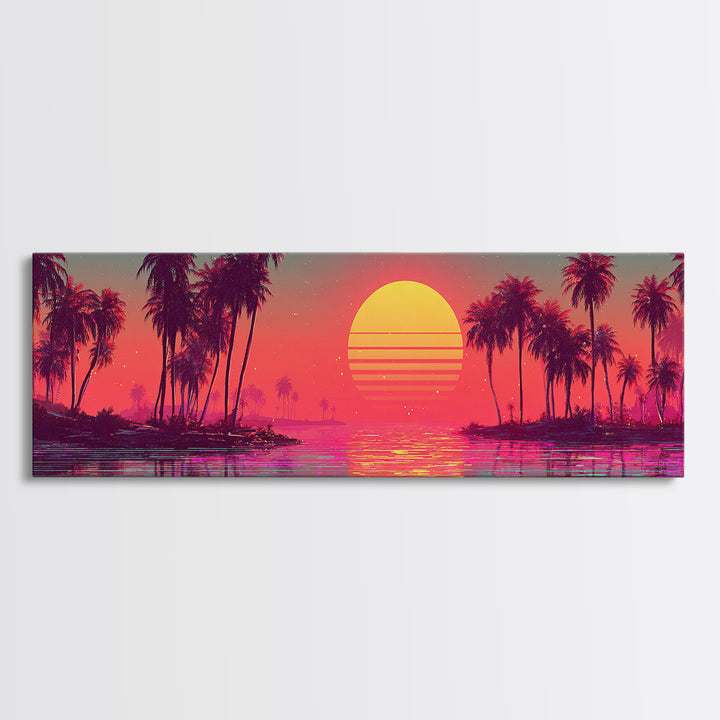 Pastel Tropical Lagoon Sunset With Palms, Vaporwave Canvas Print, Coastal Wall Art, Beach House Decor, Pink Room Decor Print