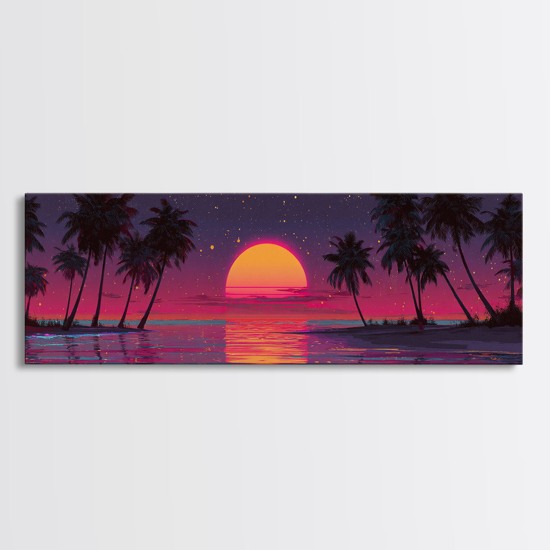 Retro Tropical Sunset Over Palm Island Wall Art, Neon Ocean Landscape, Coastal Decor, Beach House, Large Horizontal Print
