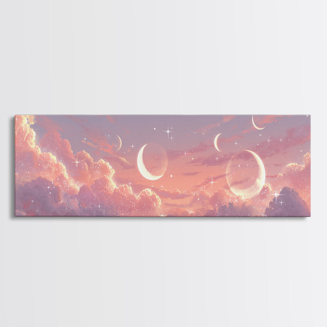 Pink Celestial Cloudscape With Crescent Moons Canvas Print, Dreamy Wall Art, Starry Nursery Decor, Romantic Bedroom Art Print