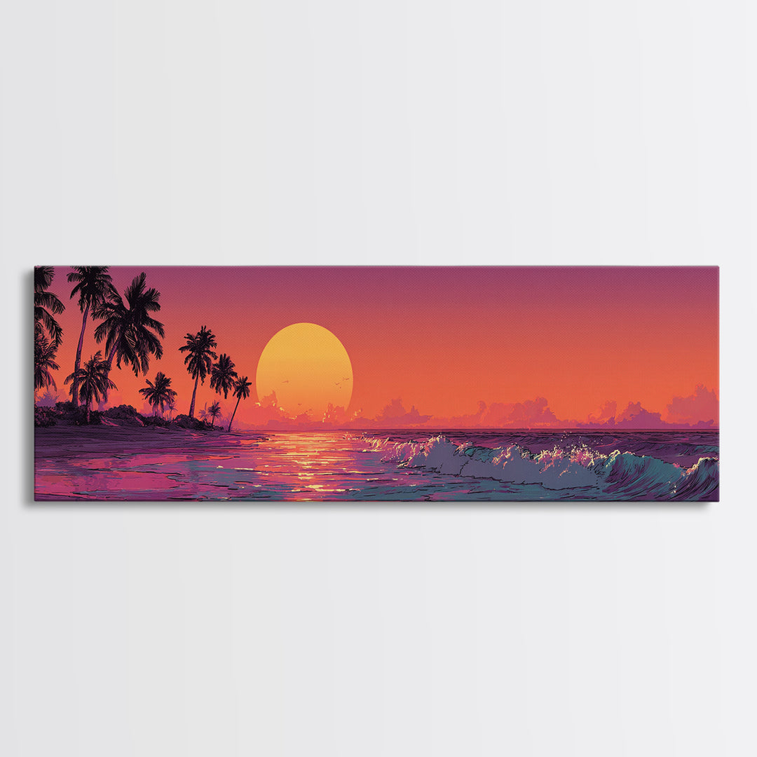 Tropical Orange Sunset Over Ocean Canvas Print, Palm Tree Beach Wall Decor, Coastal Seascape Art For Living Room, Home Decor
