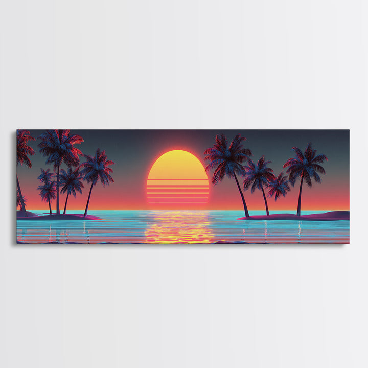 Retro Palm Island Sunset Canvas Print, Tropical Beach Wall Art, Coastal Decor, Summer Vibes, Large Living Room Poster, Home Decor
