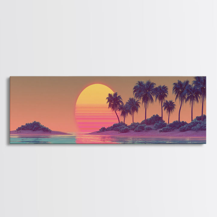 Tropical Palm Island Sunset Canvas Print, Retro Coastal Wall Art, Beach House Decor, Vaporwave Summer Landscape Art Print