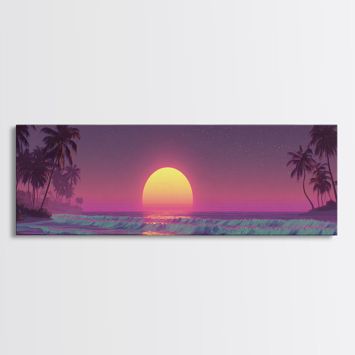 Dreamy Tropical Moonrise Over Ocean Canvas Print, Vaporwave Beach Wall Art, Palm Tree Decor, Coastal Bedroom, Sunset Print
