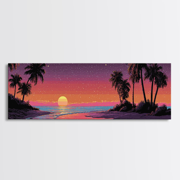 Tropical Pixel Sunset Beach With Palms, Retro Vaporwave Canvas Print, Coastal Wall Art, Beach House Decor, Gift For Her Print