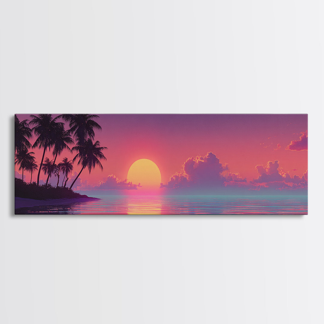 Pastel Island Sunset Over Calm Ocean Canvas Print, Tropical Palm Beach Wall Art, Coastal Home Decor, Pink Seascape Print
