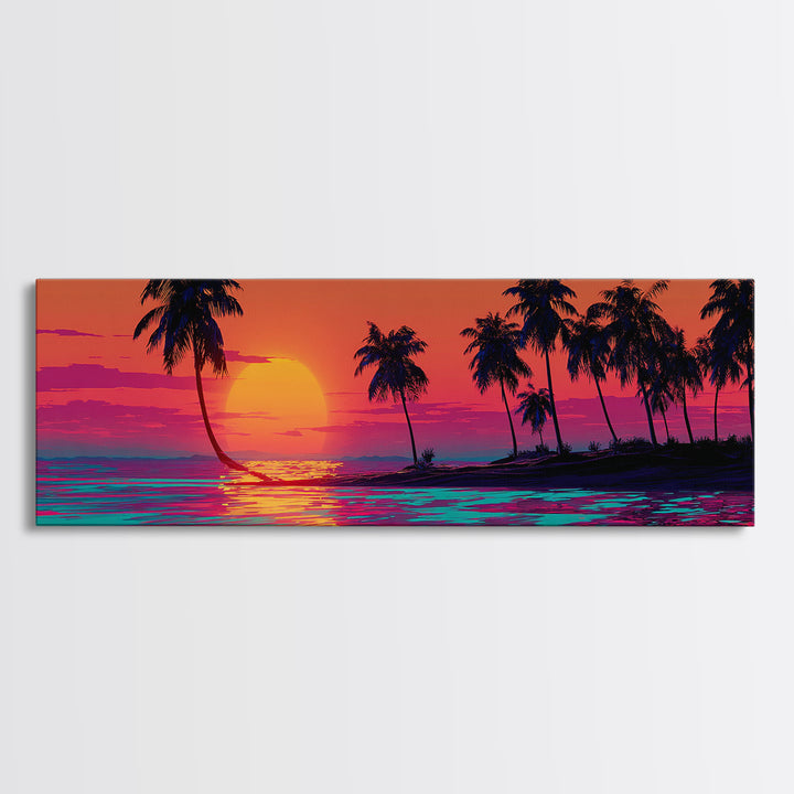 Palm Island Sunset With Neon Ocean, Tropical Wall Art, Coastal Canvas Print, Beach House Decor, Colorful Living Room Art