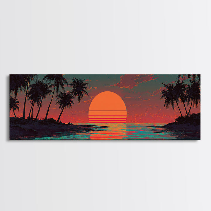 Tropical Palm Island Sunset Wall Art, Retro Beach Canvas Print, Coastal Decor, Ocean Poster, Summer Housewarming Gift, Tropical Home Decor
