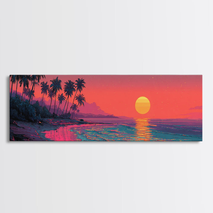 Neon Tropical Beach Sunset With Palms Wall Art, Coastal Decor, Pink Ocean Landscape, Retro Panoramic Summer Canvas Print