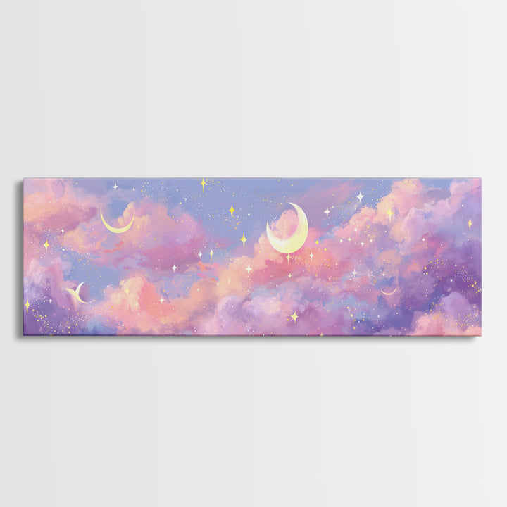 Pastel Crescent Moon Clouds Wall Art, Magical Celestial Nursery Decor, Whimsical Kids Room Print, Dreamy Bedroom Canvas Art