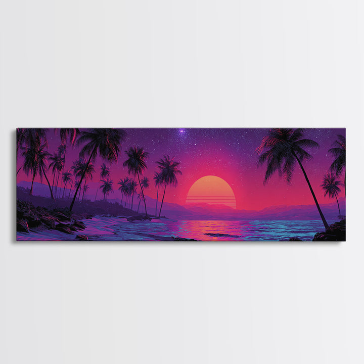 Neon Tropical Palm Beach Canvas Print, Retro Sunset Wall Art, Coastal Decor, Vaporwave Ocean Art Print, Summer Bedroom Art