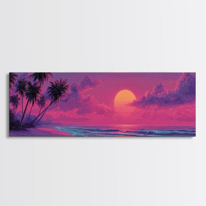 Pink Tropical Beach Sunset Wall Art, Ocean Palm Tree Canvas Print, Coastal Landscape Decor For Bedroom Living Room Wall Decor