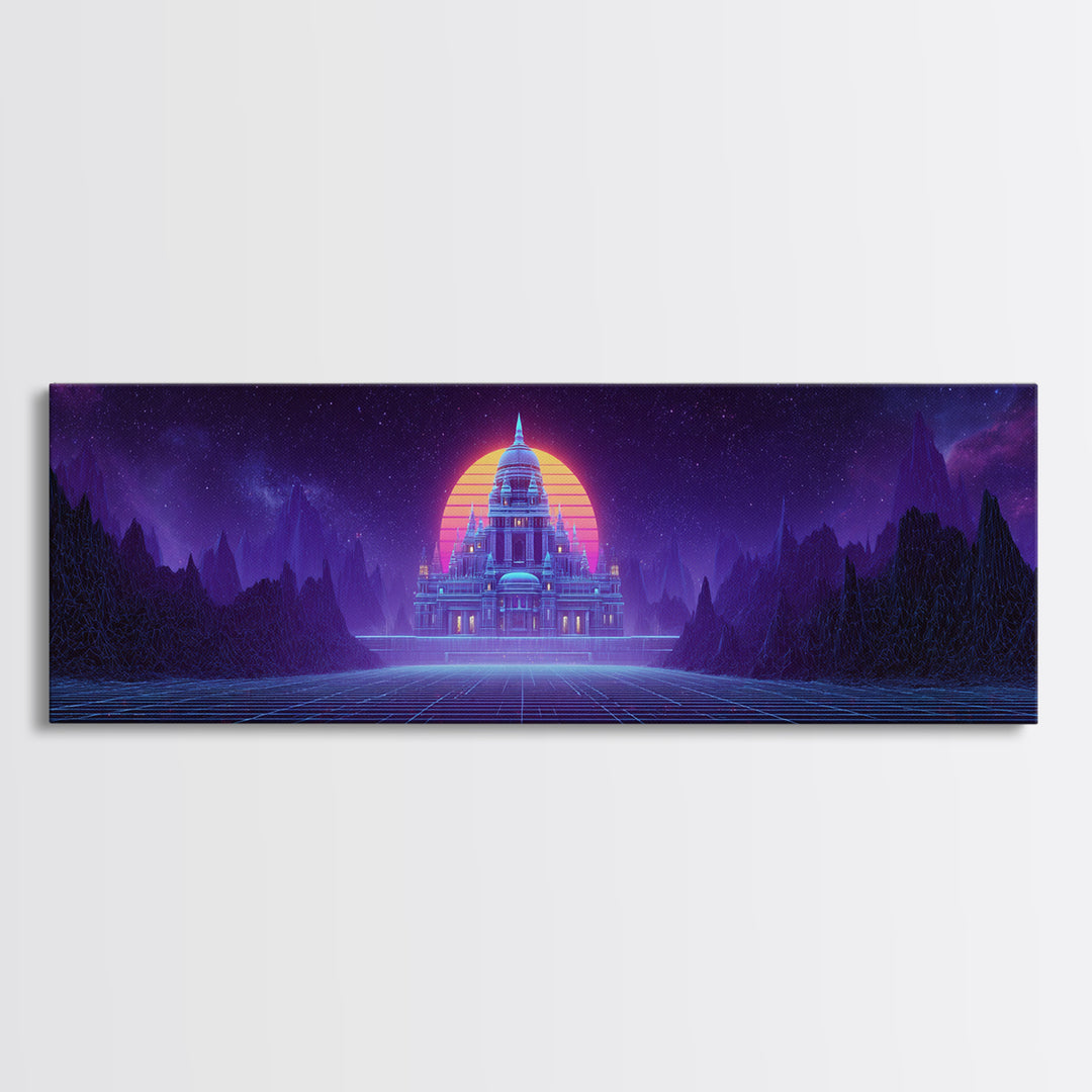 Neon Temple Beneath Cosmic Sunset Framed Canvas Print, Synthwave Wall Art, Futuristic Decor, Sci Fi Living Room Art, Home Decor