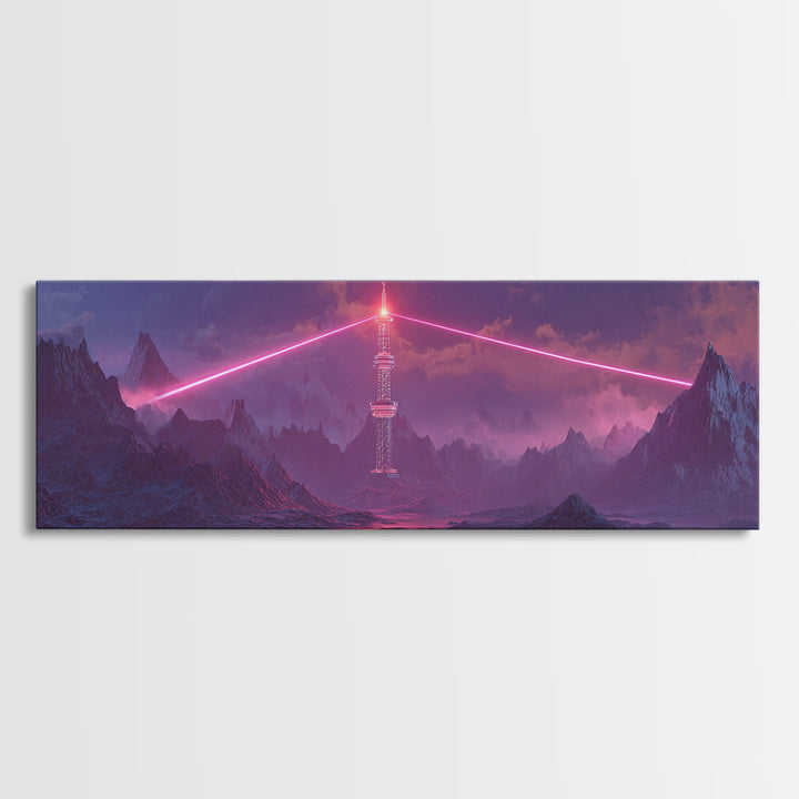 Cyberpunk Mountain Tower Canvas Print, Neon Sci Fi Wall Art, Futuristic Landscape Decor, Gaming Room Poster, Gift For Him