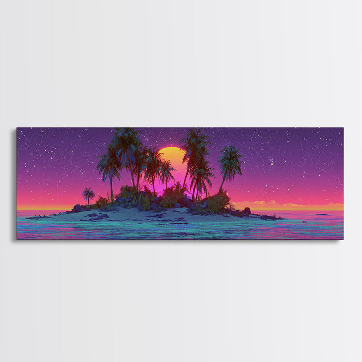 Neon Island Moonrise Wall Art, Starry Tropical Ocean Canvas Print, Purple Pink Coastal Decor, Fantasy Beach House Living Room Print