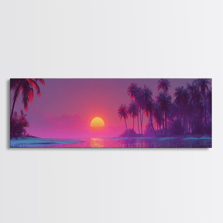 Pink Tropical Ocean Sunset Canvas Print, Palm Island Wall Art, Coastal Beach Decor, Large Vibrant Seascape Wall Art Print