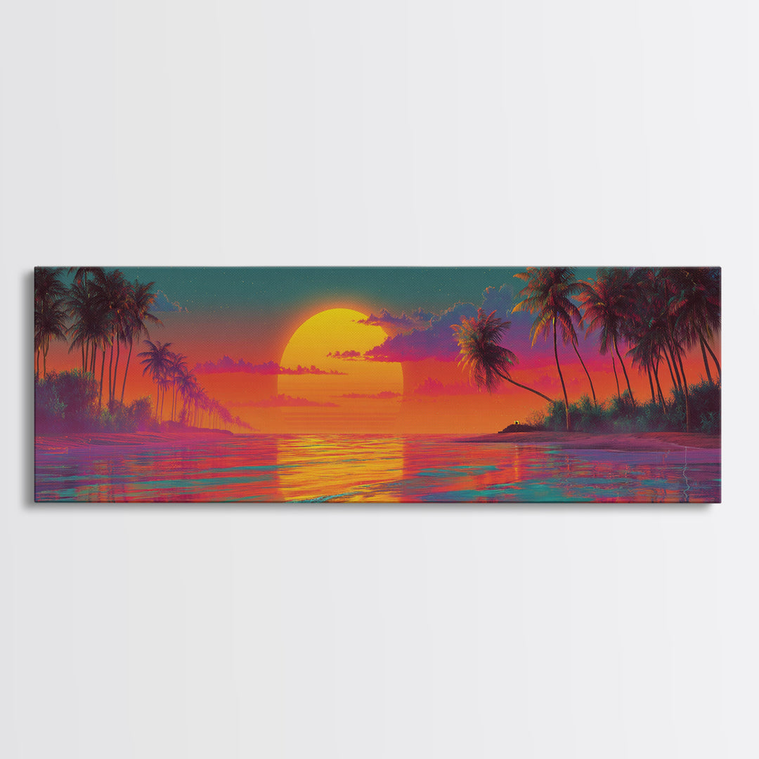 Vibrant Tropical Sunset Lagoon Wall Art, Extra Wide Panoramic Canvas Print, Beach House Decor, Coastal Living Room Wall Decor