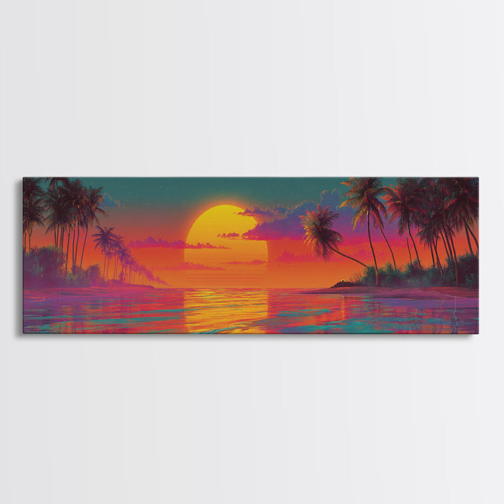 Vibrant Tropical Sunset Lagoon Wall Art, Extra Wide Panoramic Canvas Print, Beach House Decor, Coastal Living Room Wall Decor