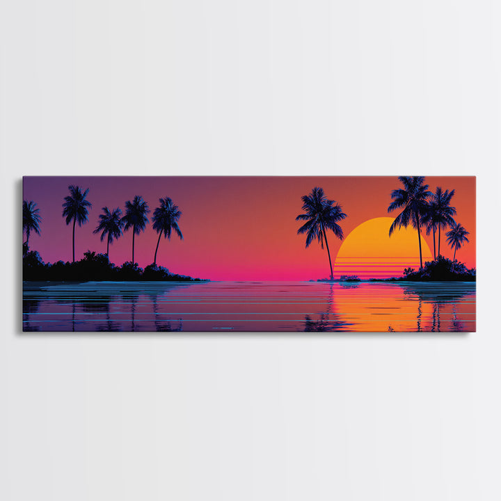 Tropical Island Sunset With Palm Trees Canvas Print, Retro Coastal Wall Art, Beach House Decor, Ocean Print For Living Room