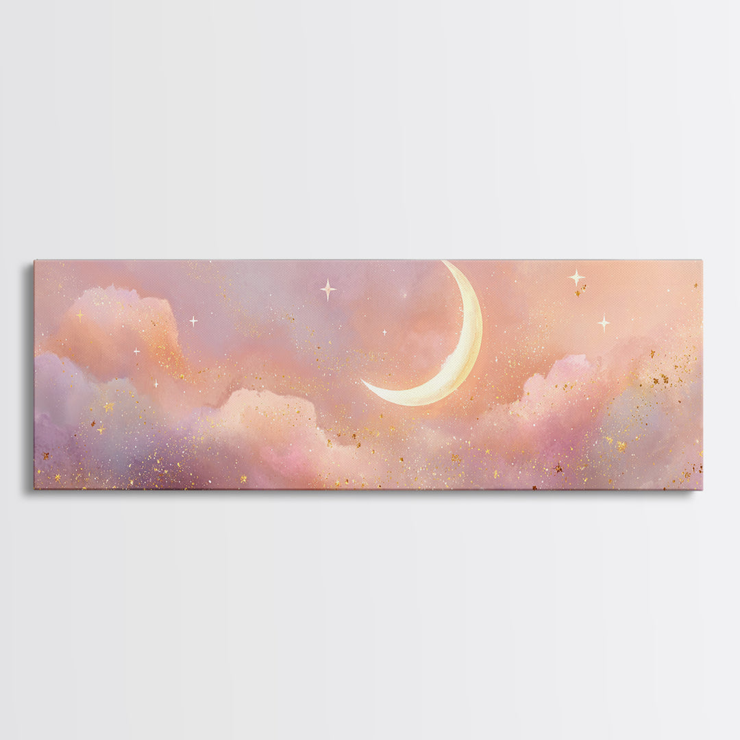 Peach Crescent Moon Over Pastel Clouds Framed Canvas Print, Celestial Wall Art, Soft Nursery Decor, Calming Bedroom Art Print