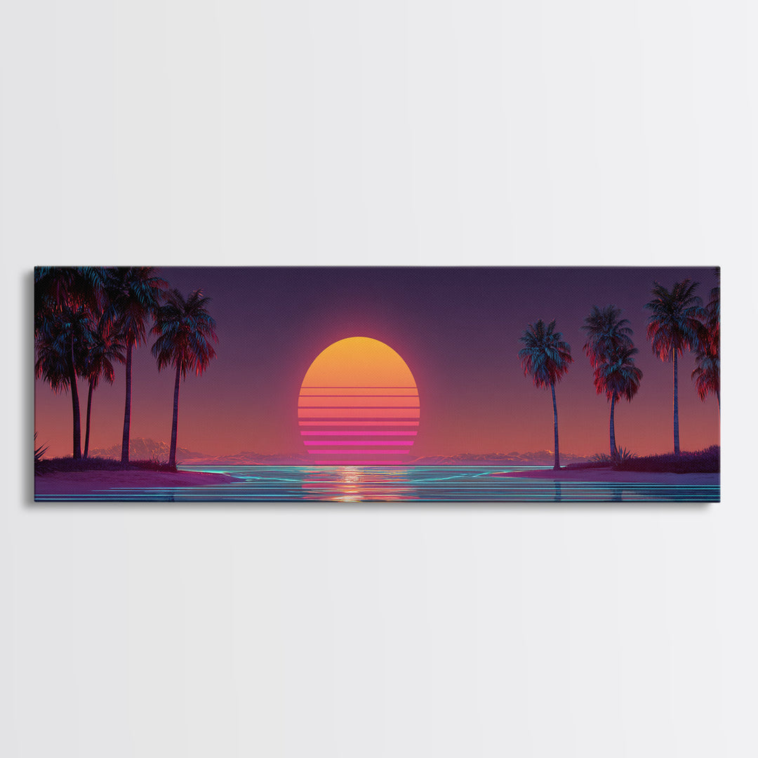 Retro Tropical Palm Sunset Wall Art, Vaporwave Beach Canvas Print, Neon Coastal Decor, 80s Aesthetic Room Decor, Gift For Him