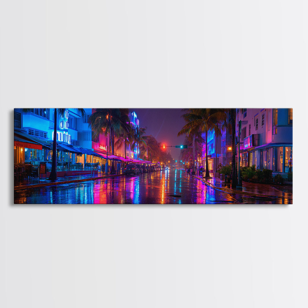 Rainy Neon Miami Street At Night Canvas Print, Cyberpunk City Wall Art, Urban Photography Decor For Modern Home Office Wall Decor