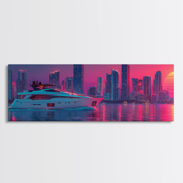Neon Yacht And Miami Skyline Framed Canvas Print, Cyberpunk Coastal Wall Art, Vaporwave City Decor, Luxury Beach Poster Print