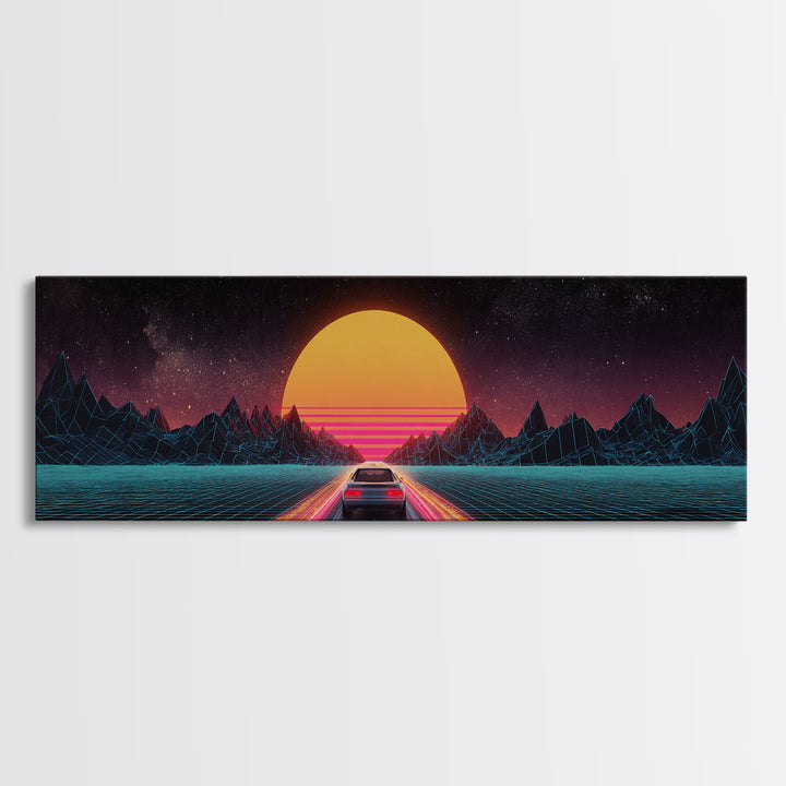 Retro Synthwave Car At Neon Sunset Canvas Print, Futuristic Wall Art, 80s Vaporwave Decor, Gaming Room, Gift For Him, Modern Home Decor