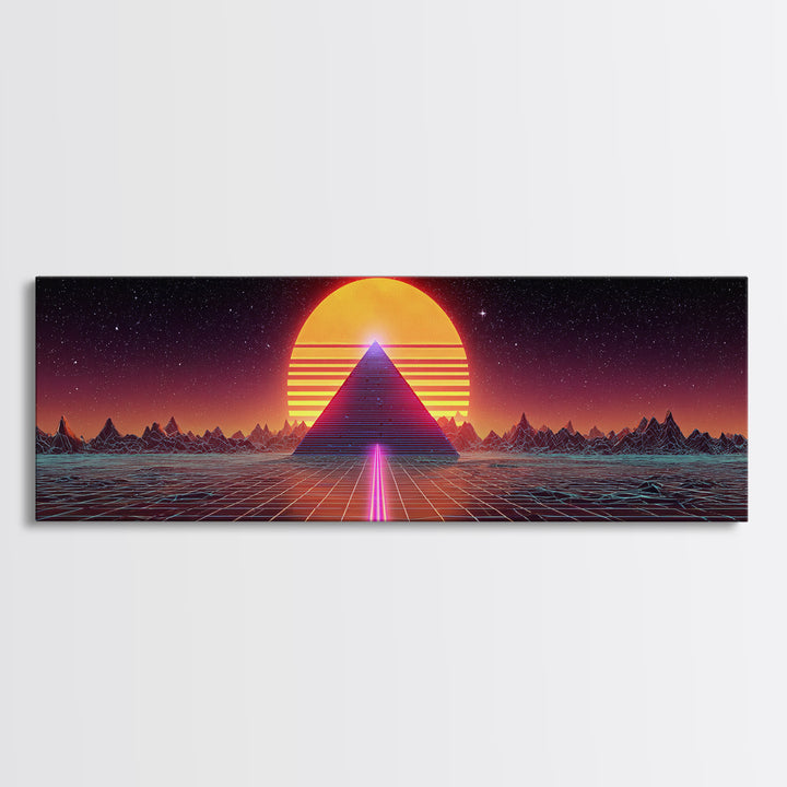 Neon Pyramid Sunset Grid Canvas Print, Retro Futuristic Wall Art, Synthwave Decor, Gaming Room Decor, Large Statement Artwork