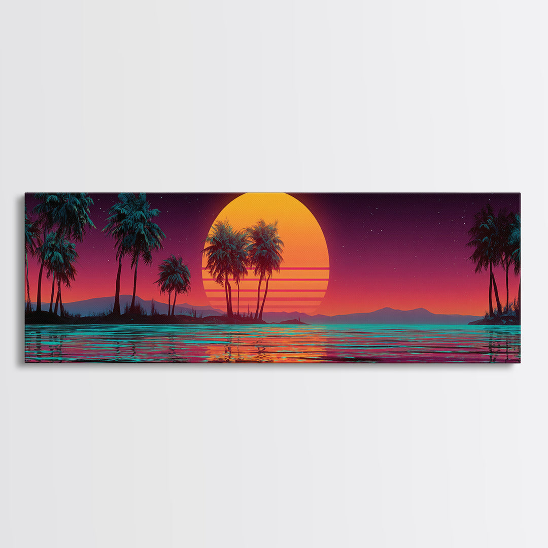Neon Tropical Sunset Palms Over Ocean Canvas Print, Retro Futuristic Wall Art, Synthwave Beach Decor For Modern Living Room