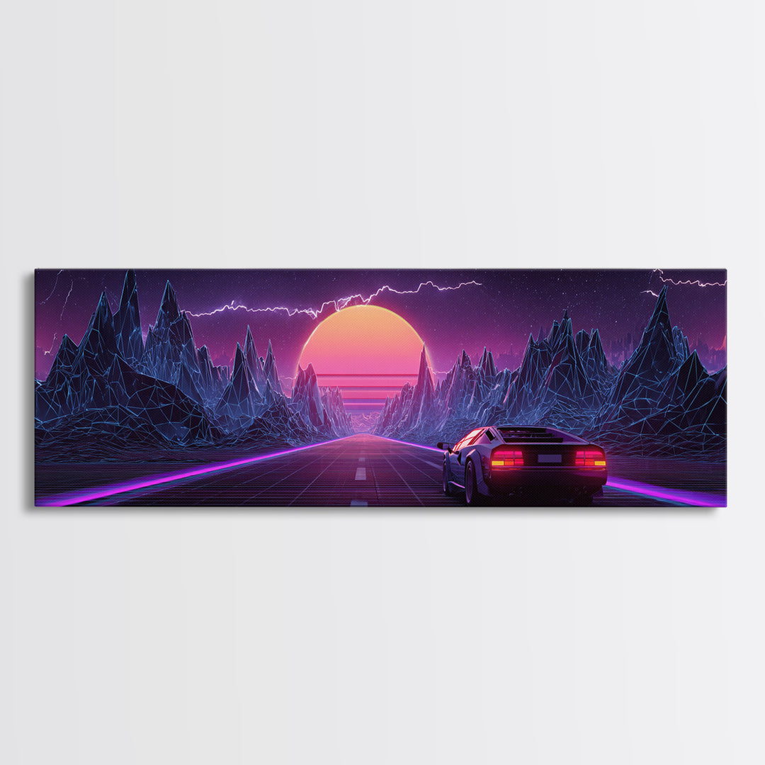 Synthwave Mountain Highway Canvas Print, Retro Futuristic Car Wall Art, Neon Gaming Room Decor, Vaporwave Poster, Cyberpunk Gift For Him