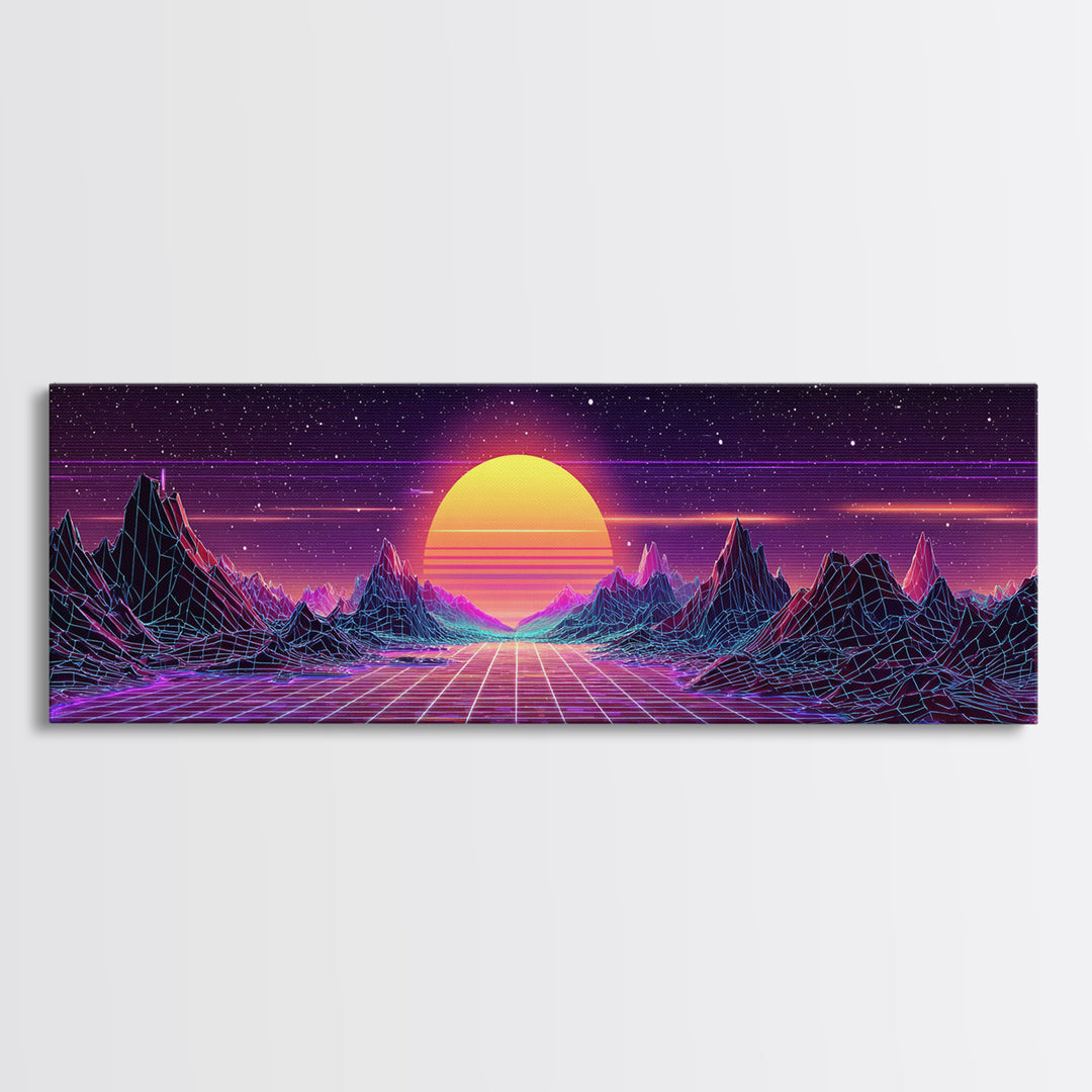 Retro Futuristic Mountain Grid Sunset Canvas Print, Synthwave Wall Art, Neon Vaporwave Decor For Game Room Or Dorm Room Decor