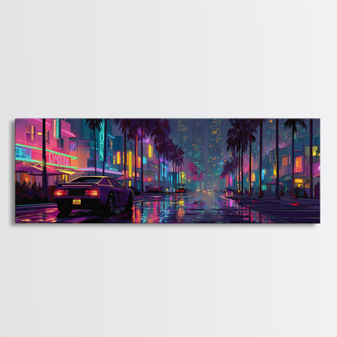 Neon Cyberpunk City Street Wall Art, Futuristic Canvas Print For Gaming Room Decor, Vaporwave Apartment Decor Gift For Him