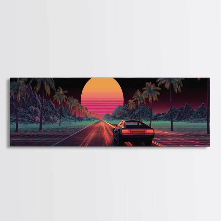 Retro Synthwave Car On Neon Palm Road Wall Art, 80s Vaporwave Canvas Print, Futuristic Cityscape Home Decor Poster For Living Room