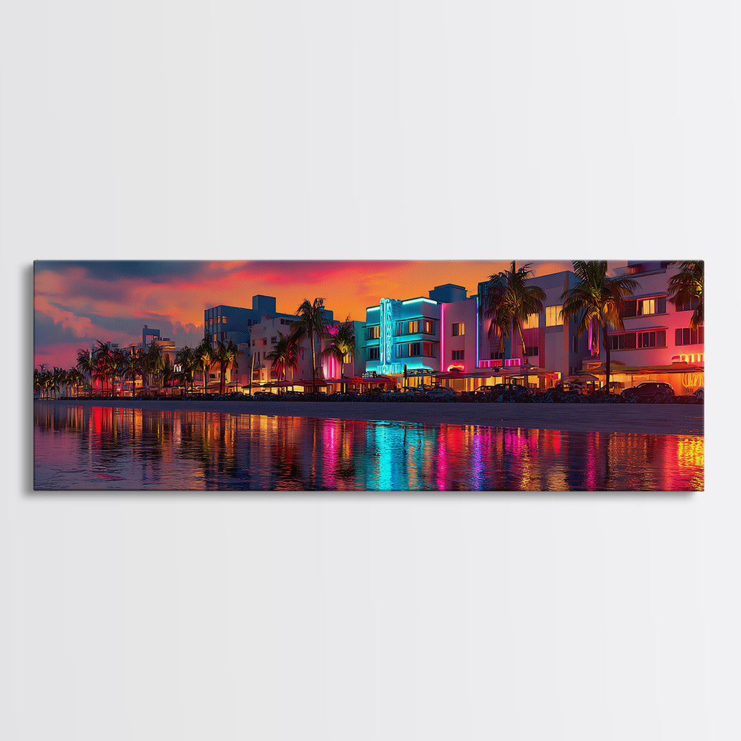 Vibrant Neon Miami Waterfront At Sunset Canvas Print, Tropical Palm City Wall Art, Coastal Home Decor, Art Deco Travel Poster Gift