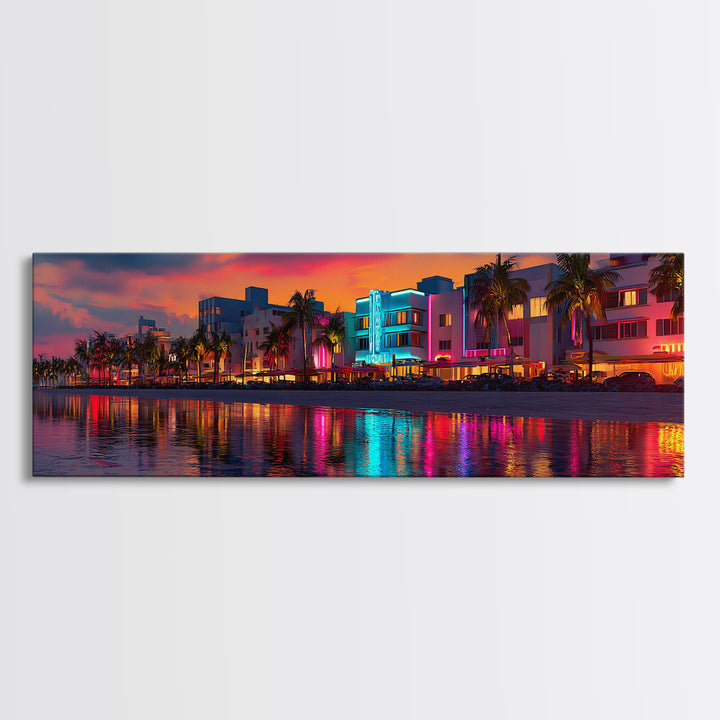 Vibrant Neon Miami Waterfront At Sunset Canvas Print, Tropical Palm City Wall Art, Coastal Home Decor, Art Deco Travel Poster Gift
