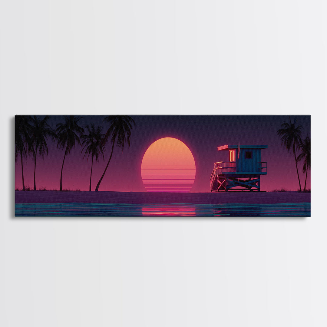 Retro Lifeguard Tower At Pink Sunset Framed Canvas Print, Coastal Beach Wall Art, Palm Tree Ocean Decor For Bedroom Or Living Room