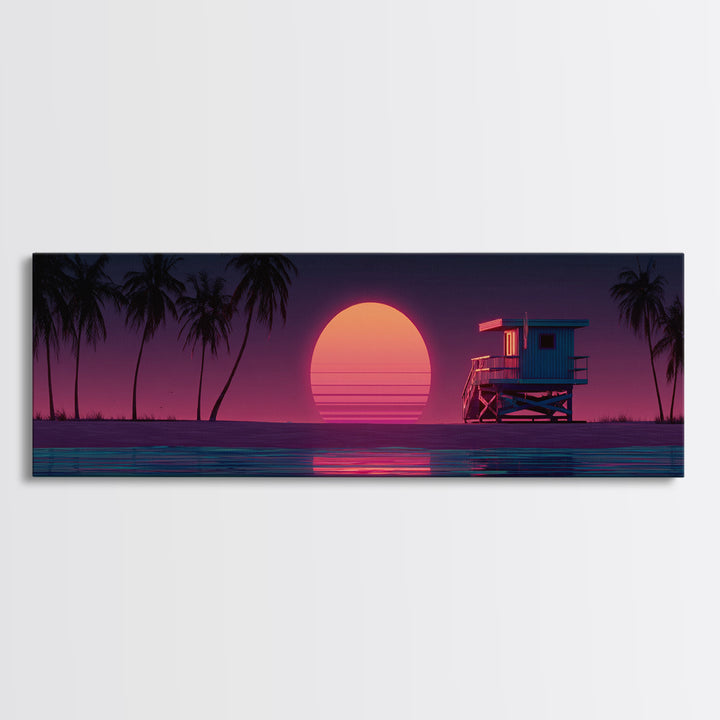 Retro Lifeguard Tower At Pink Sunset Framed Canvas Print, Coastal Beach Wall Art, Palm Tree Ocean Decor For Bedroom Or Living Room