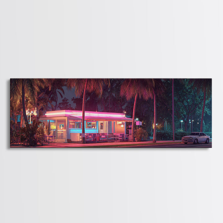 Neon Retro Diner At Night Framed Canvas Print, Cyberpunk Wall Art For Kitchen Bar Decor, Miami Vaporwave Home Decor Poster