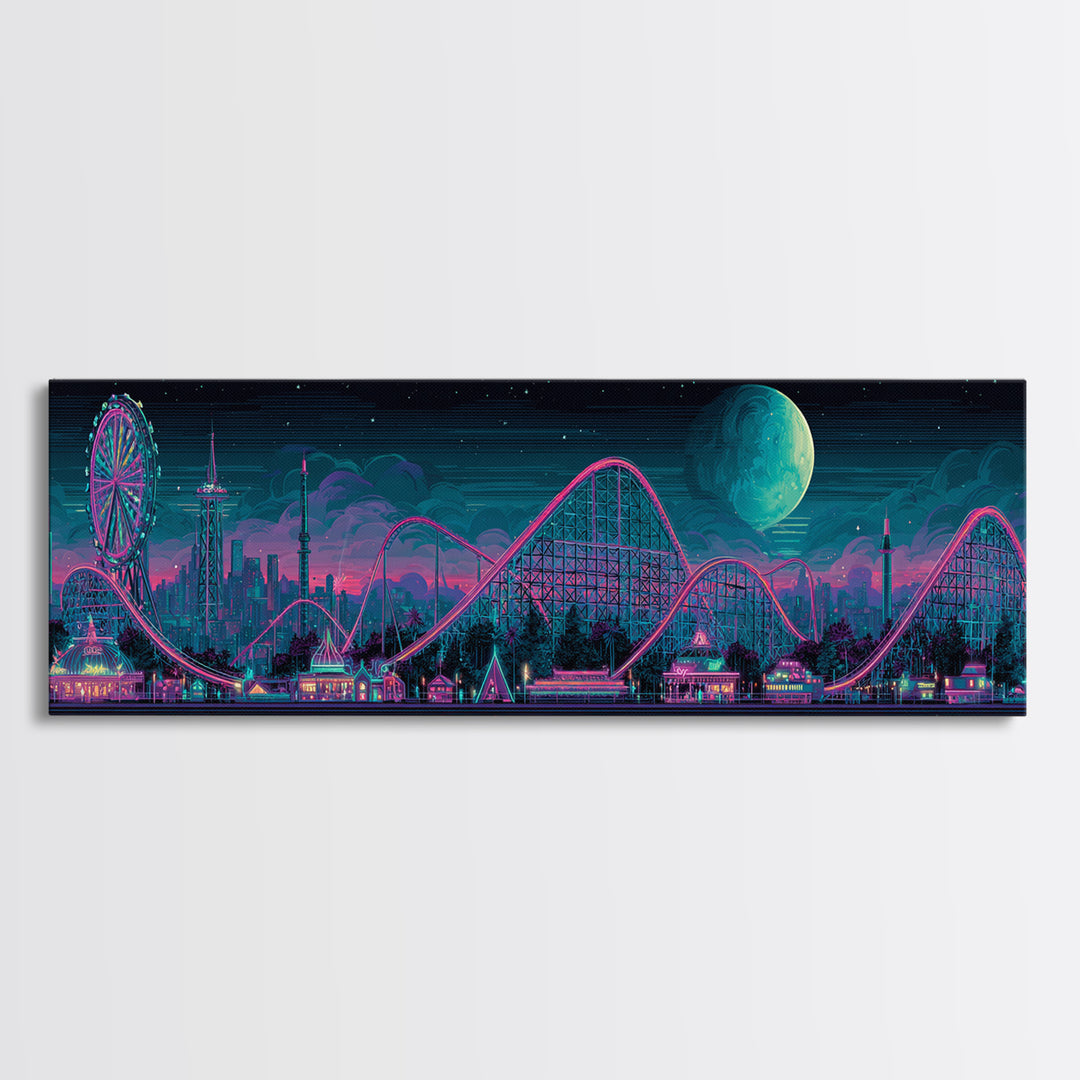 Neon Roller Coaster Park Canvas Print, Retro Futuristic Skyline With Moon, Modern Cyberpunk Neon City Game Room Wall Art Decor