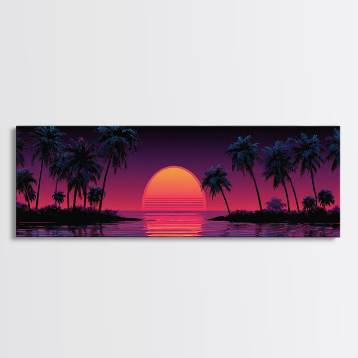 Neon Tropical Sunset Canvas Print, Retro Palm Tree Wall Art, Vaporwave Beach Decor, Coastal Summer Living Room Art, Large Poster